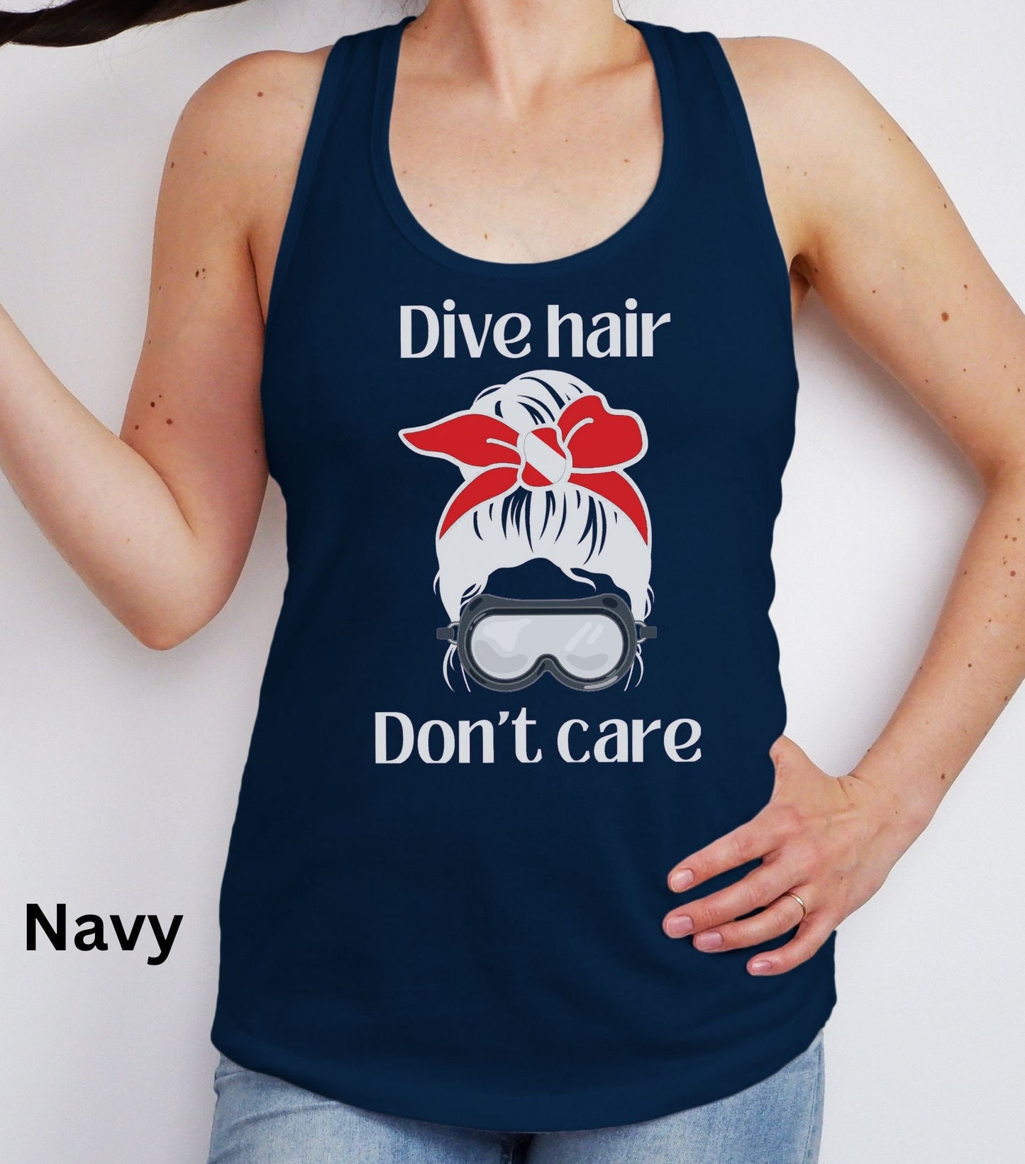 Dive Hair Don't Care Cute Racerback Tank Top for Scuba Diver, Cute Scuba Gift, Gift for her, Scuba Diving Shirt