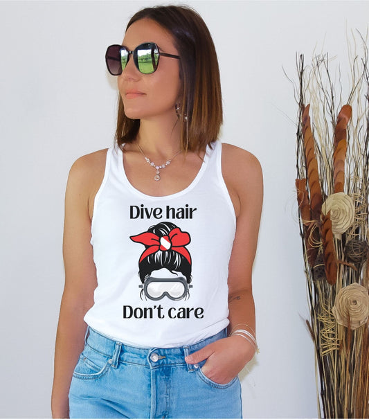 Dive Hair Don't Care Cute Racerback Tank Top for Scuba Diver, Cute Scuba Gift, Gift for her, Scuba Diving Shirt