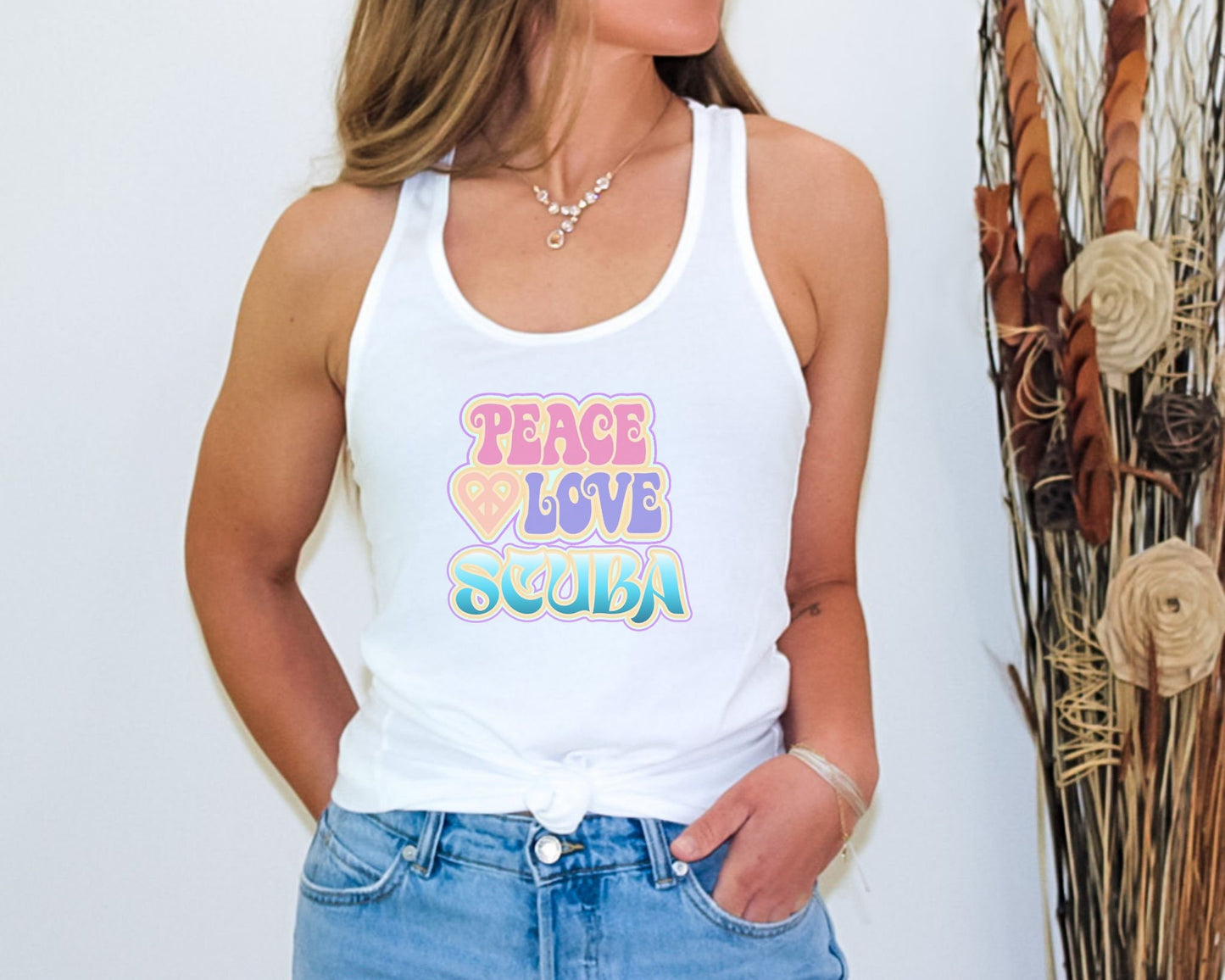 Peace Love Scuba Cute Racerback Tank Top for Scuba Diver, Gift for Diver, Gift for Woman, Cute Scuba tee