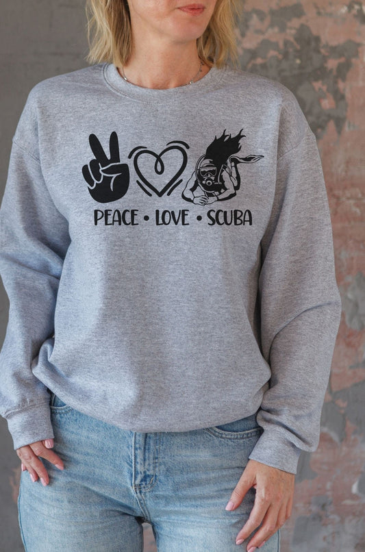 Peace Love Scuba Cute Crewneeck Sweatshirt, Scuba Gift, Gift for Her, Dive Gift. Dive Sweatshirt